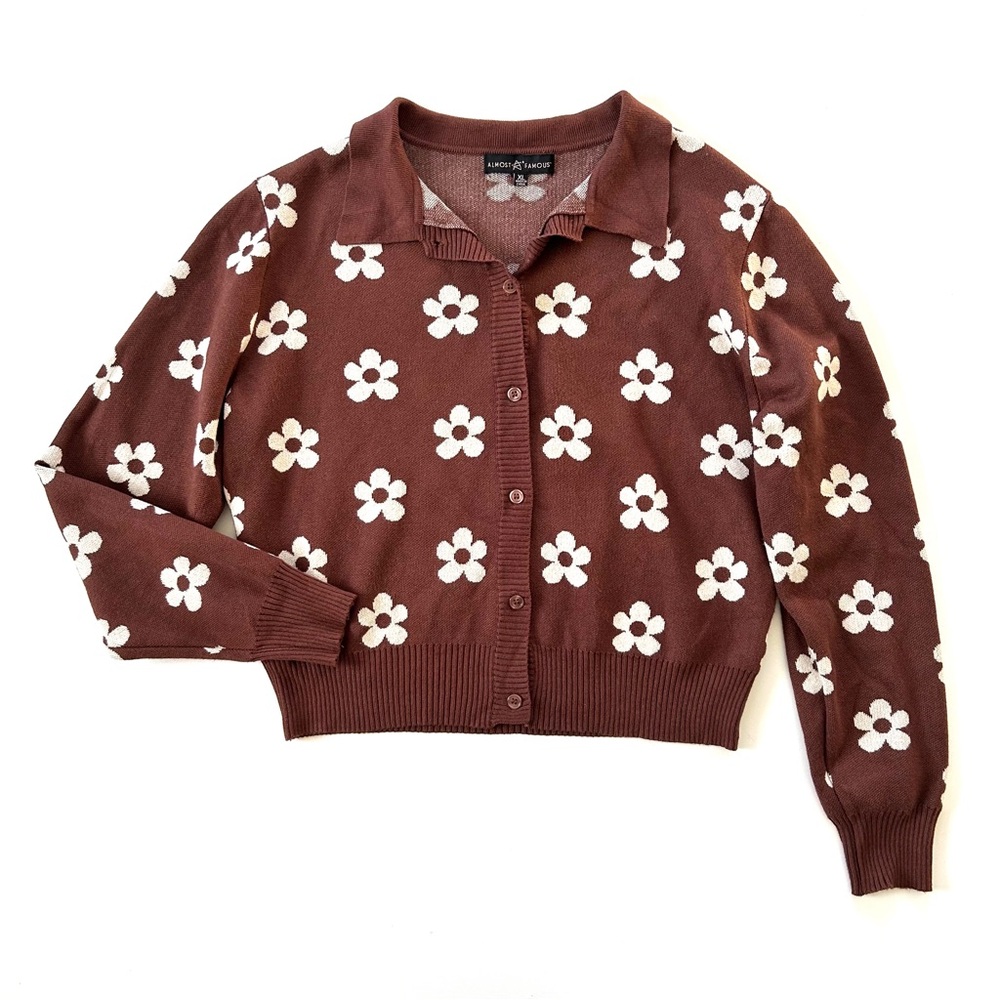 Almost Famous Retro Mod Brown & White Daisy Floral Collared Cardigan Sweater